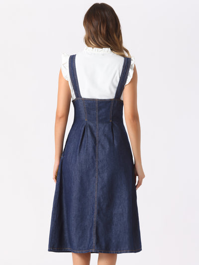 Suspender Dress Button Front Classic U Neck Overall Denim Midi Dress with Pockets