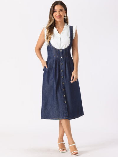 Suspender Dress Button Front Classic U Neck Overall Denim Midi Dress with Pockets