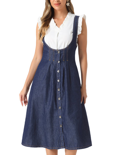 Suspender Dress Button Front Classic U Neck Overall Denim Midi Dress with Pockets