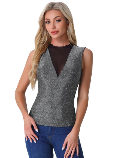 Sleeveless Mesh Patchwork Glitter Party Club Sparkly Tops