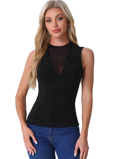 Sleeveless Mesh Patchwork Glitter Party Club Sparkly Tops