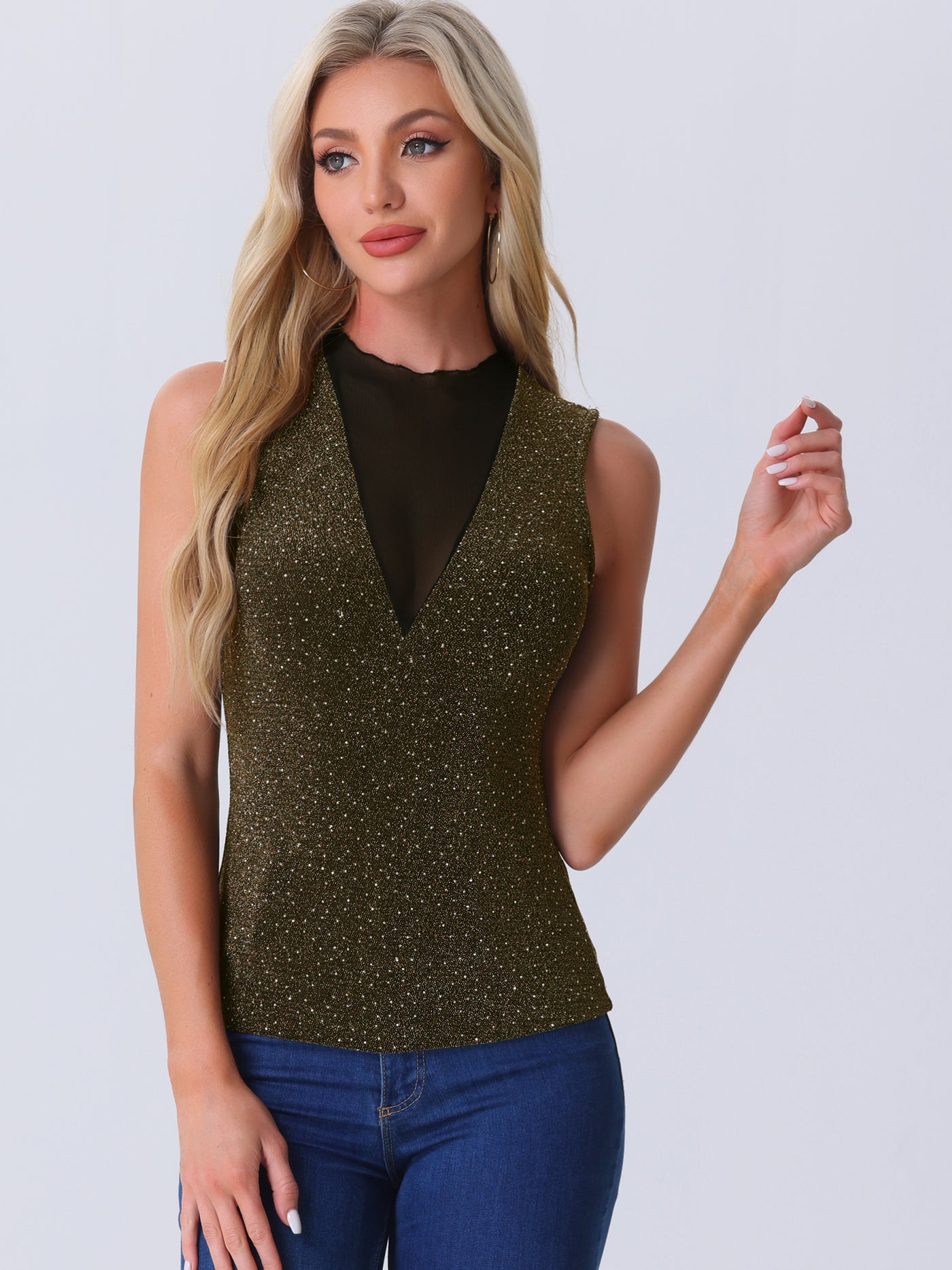 Allegra K Sleeveless Mesh Patchwork Glitter Party Club Sparkly Tops