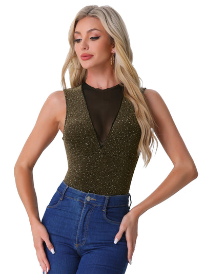 Sleeveless Mesh Patchwork Glitter Party Club Sparkly Tops