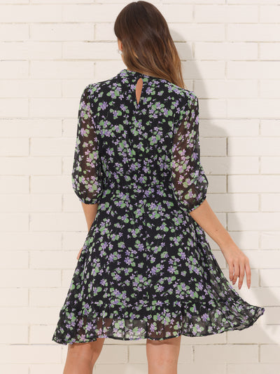 Floral Casual Mock Neck Chiffon A-Line Midi Dress