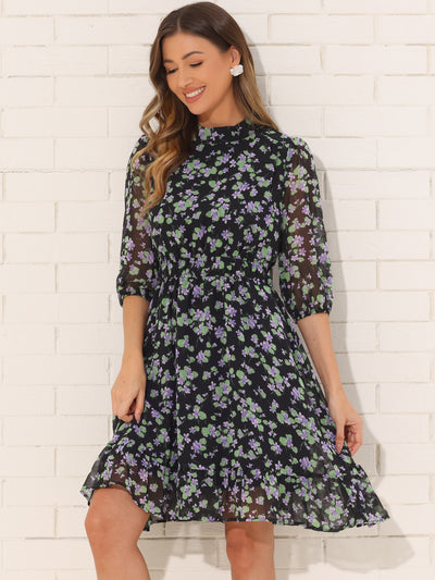 Floral Casual Mock Neck Chiffon A-Line Midi Dress