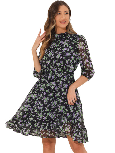 Floral Casual Mock Neck Chiffon A-Line Midi Dress