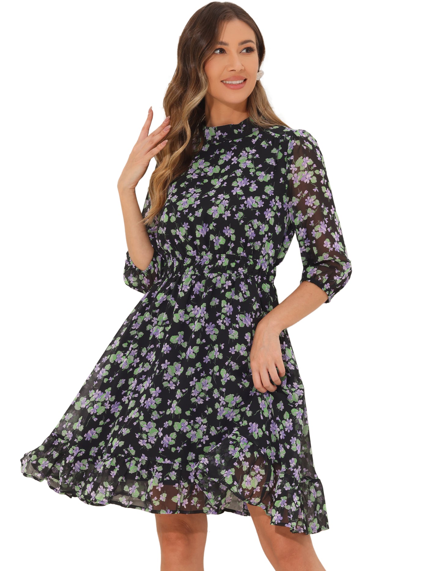 Allegra K Floral Casual Mock Neck Chiffon A-Line Midi Dress