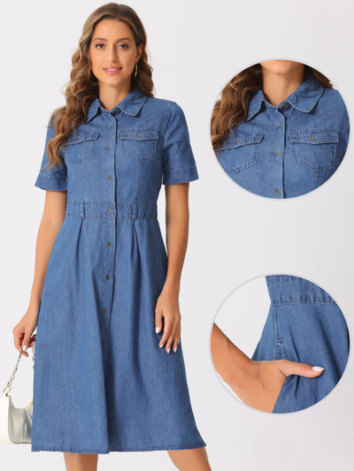 Denim Pockets Button Up Short Sleeve A-Line Midi Jean Shirt Dress