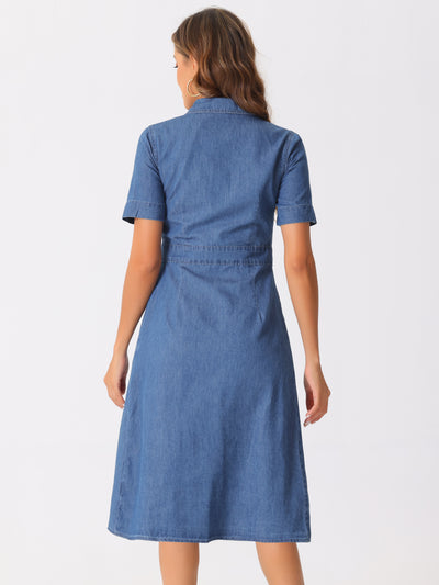 Denim Pockets Button Up Short Sleeve A-Line Midi Jean Shirt Dress