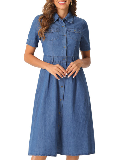 Denim Pockets Button Up Short Sleeve A-Line Midi Jean Shirt Dress