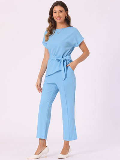 2 Piece Sets Round Neck Belted Asymmetry Tops & Elastic Waist Pants Set