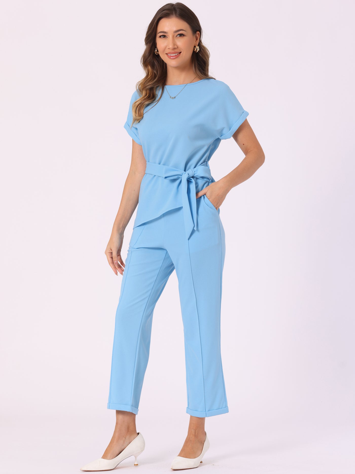 Allegra K 2 Piece Sets Round Neck Belted Asymmetry Tops & Elastic Waist Pants Set