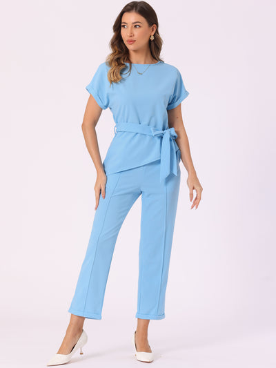 2 Piece Sets Round Neck Belted Asymmetry Tops & Elastic Waist Pants Set