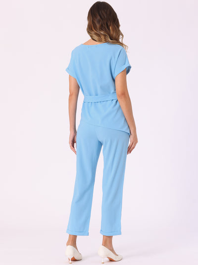 2 Piece Sets Round Neck Belted Asymmetry Tops & Elastic Waist Pants Set