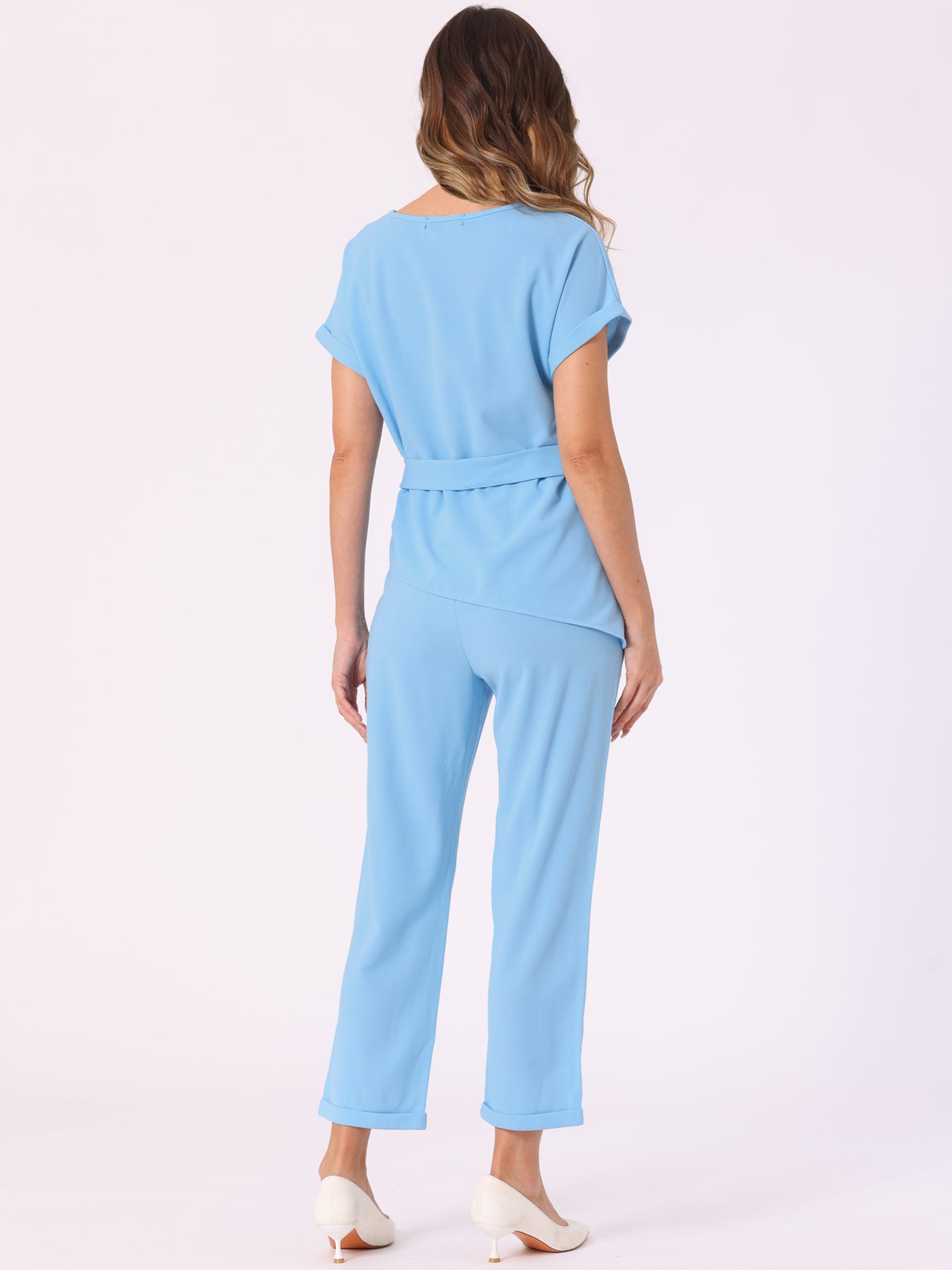 Allegra K 2 Piece Sets Round Neck Belted Asymmetry Tops & Elastic Waist Pants Set