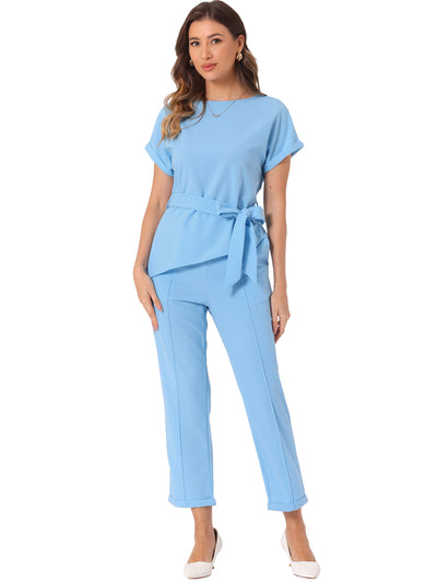 2 Piece Sets Round Neck Belted Asymmetry Tops & Elastic Waist Pants Set