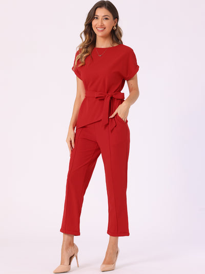 2 Piece Sets Round Neck Belted Asymmetry Tops & Elastic Waist Pants Set