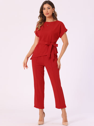 2 Piece Sets Round Neck Belted Asymmetry Tops & Elastic Waist Pants Set