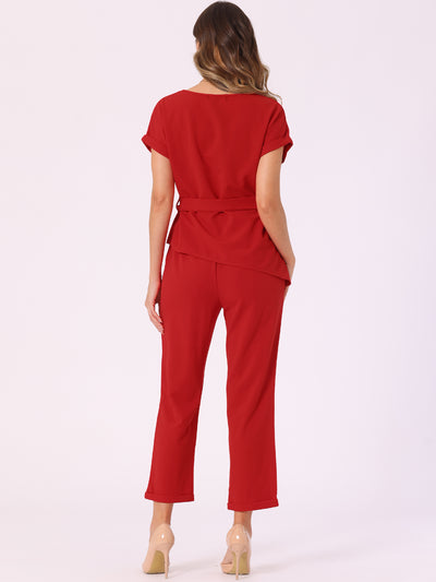 2 Piece Sets Round Neck Belted Asymmetry Tops & Elastic Waist Pants Set