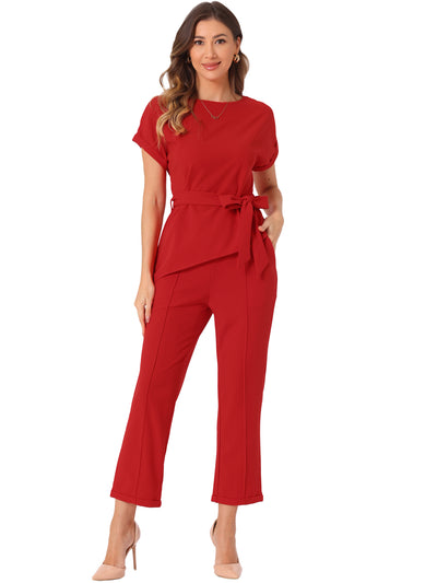 2 Piece Sets Round Neck Belted Asymmetry Tops & Elastic Waist Pants Set