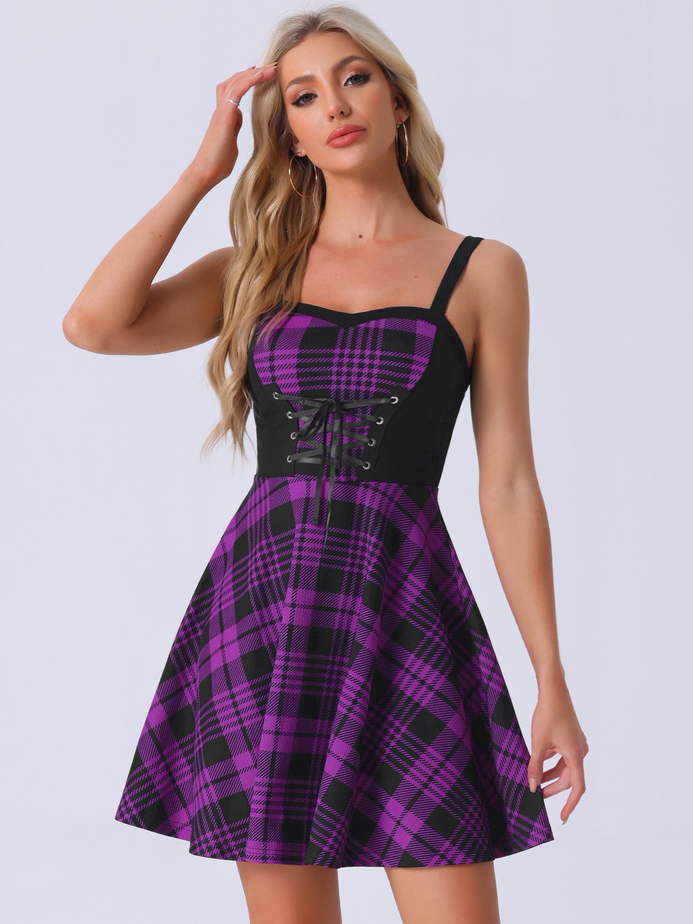 Allegra K Plaid Lace-Up Gothic Sleeveless Tartan Mini Club Party Dress