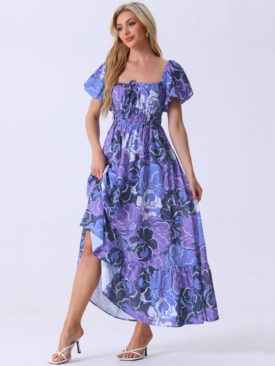 Floral Square Neck Puff Short Sleeves Boho Maxi Dress