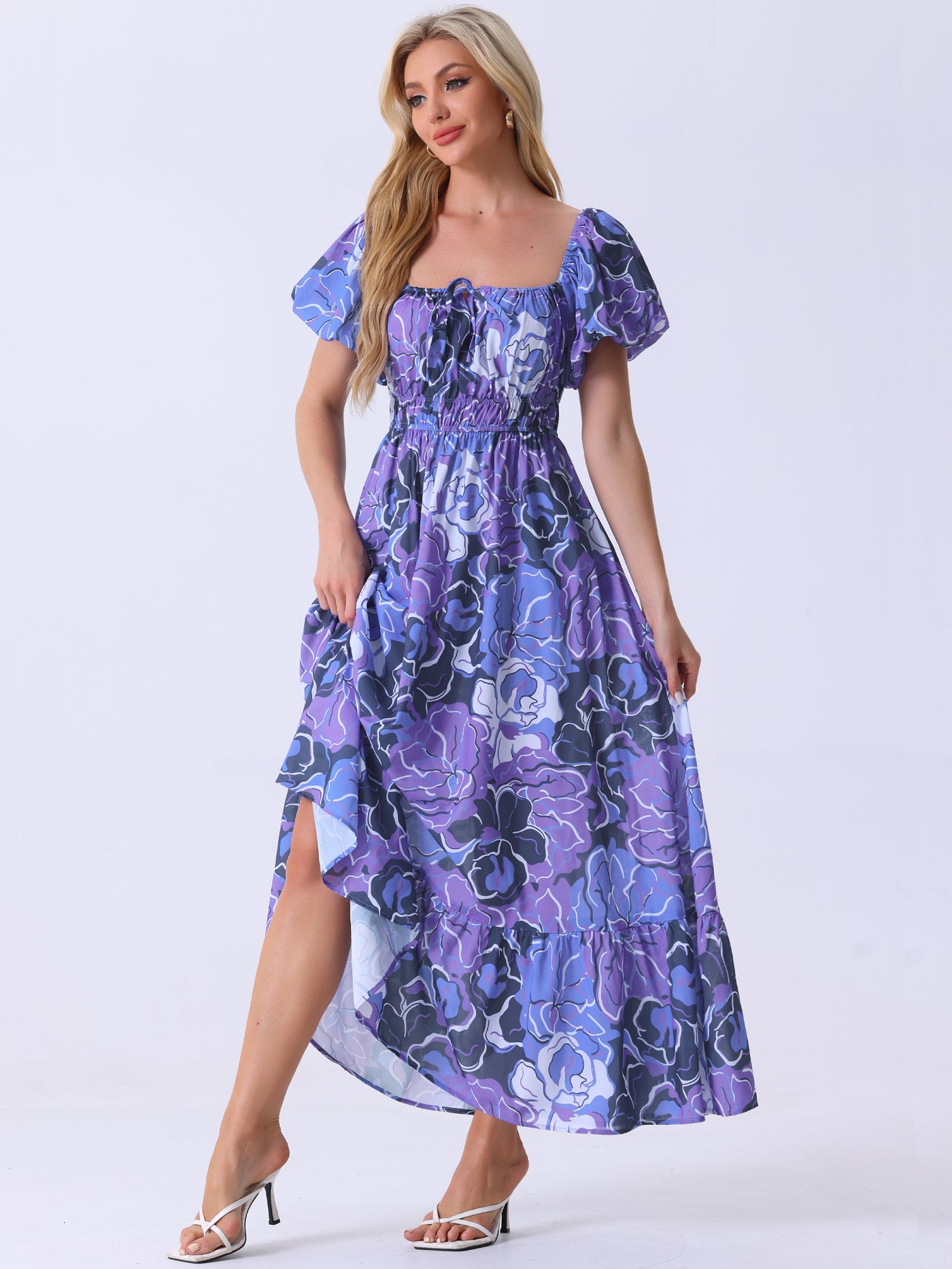 Allegra K Floral Square Neck Puff Short Sleeves Boho Maxi Dress