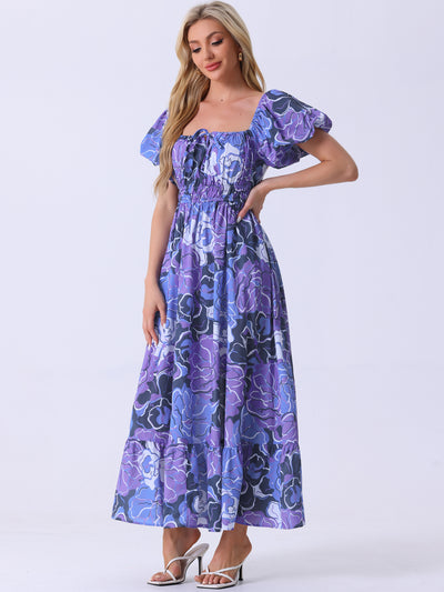 Floral Square Neck Puff Short Sleeves Boho Maxi Dress