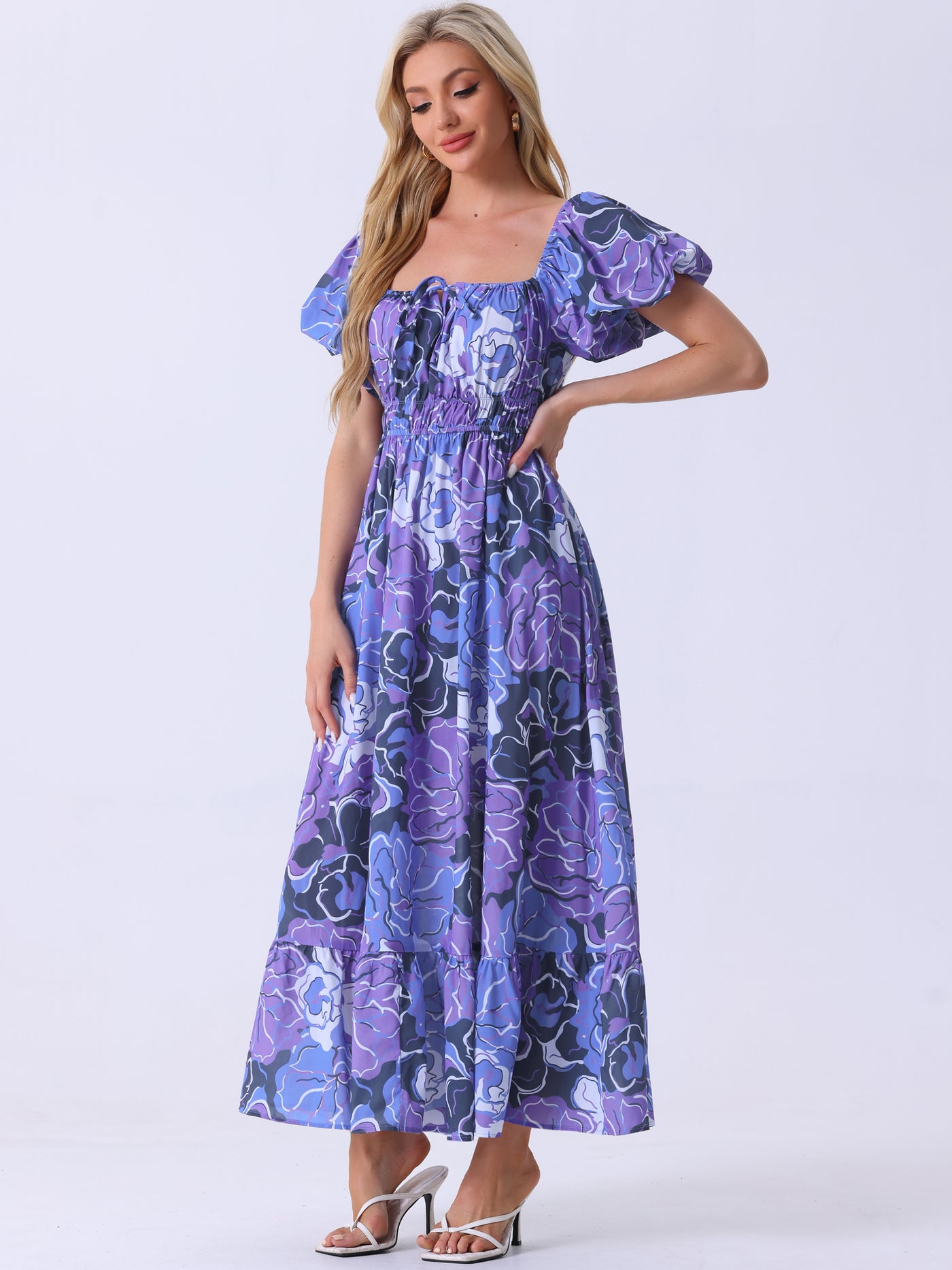 Allegra K Floral Square Neck Puff Short Sleeves Boho Maxi Dress