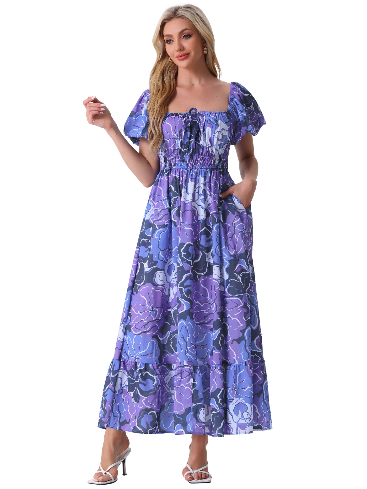 Allegra K Floral Square Neck Puff Short Sleeves Boho Maxi Dress