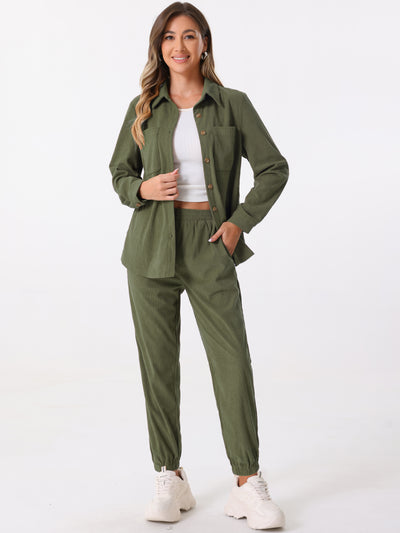 2 Pieces Corduroy Long Sleeve Button Down Shirt & Pocketed Jogger Pants Tracksuit Set