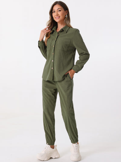 2 Pieces Corduroy Long Sleeve Button Down Shirt & Pocketed Jogger Pants Tracksuit Set