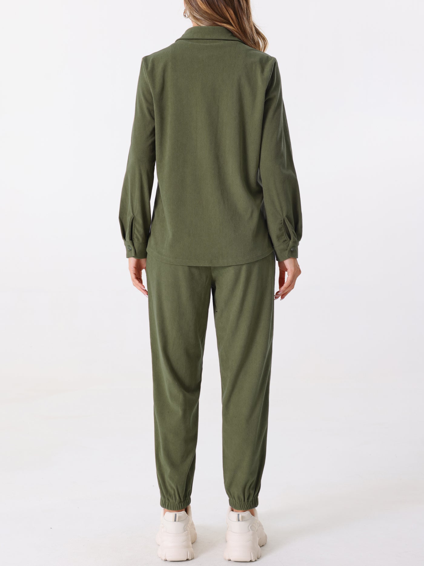 Allegra K 2 Pieces Corduroy Long Sleeve Button Down Shirt & Pocketed Jogger Pants Tracksuit Set