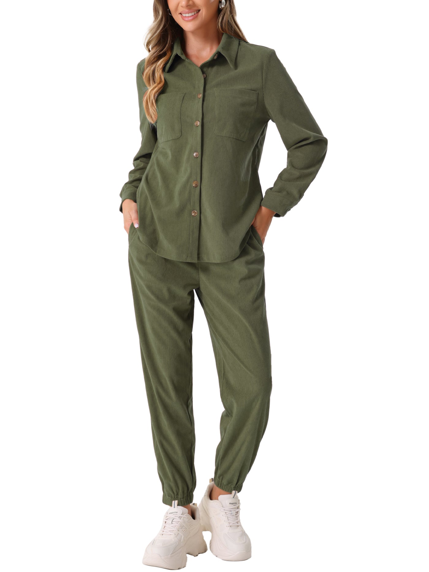 Allegra K 2 Pieces Corduroy Long Sleeve Button Down Shirt & Pocketed Jogger Pants Tracksuit Set