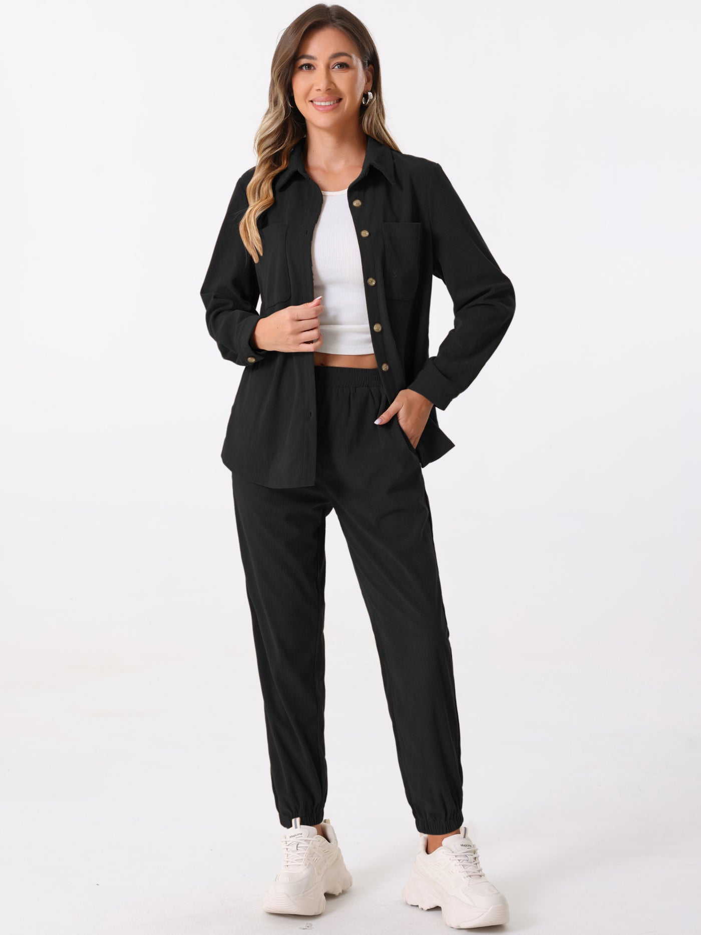 Allegra K 2 Pieces Corduroy Long Sleeve Button Down Shirt & Pocketed Jogger Pants Tracksuit Set