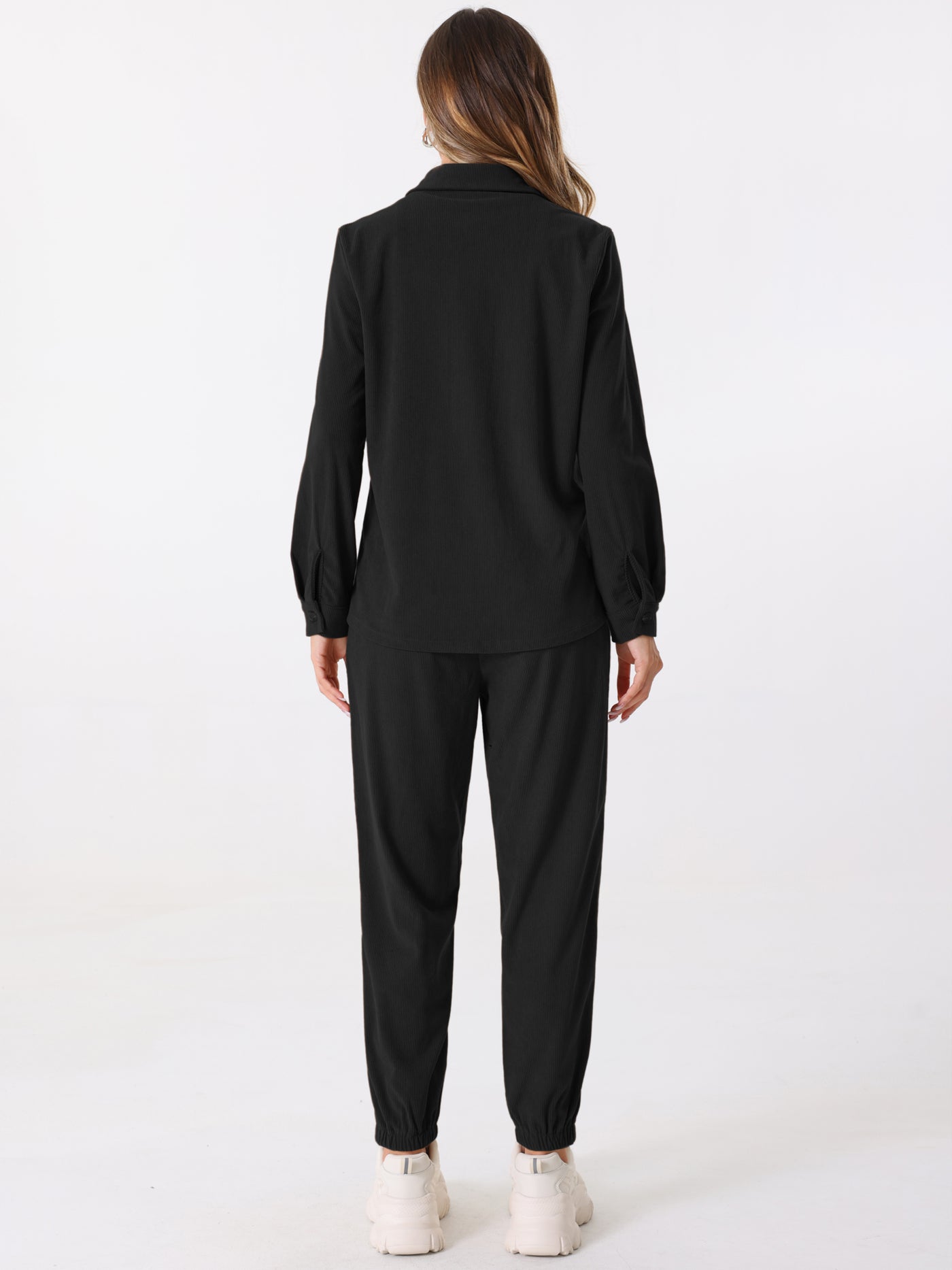 Allegra K 2 Pieces Corduroy Long Sleeve Button Down Shirt & Pocketed Jogger Pants Tracksuit Set