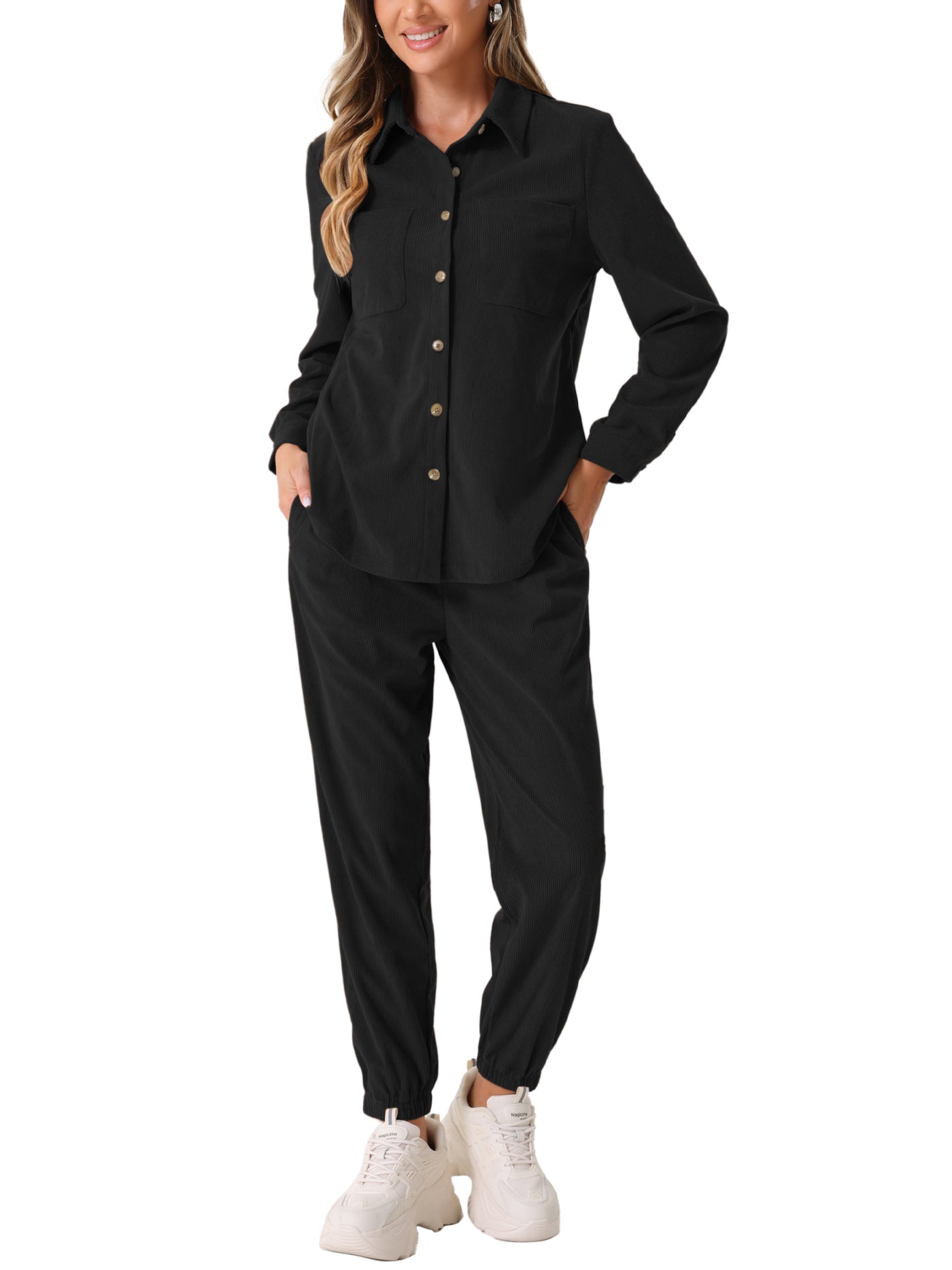 Allegra K 2 Pieces Corduroy Long Sleeve Button Down Shirt & Pocketed Jogger Pants Tracksuit Set