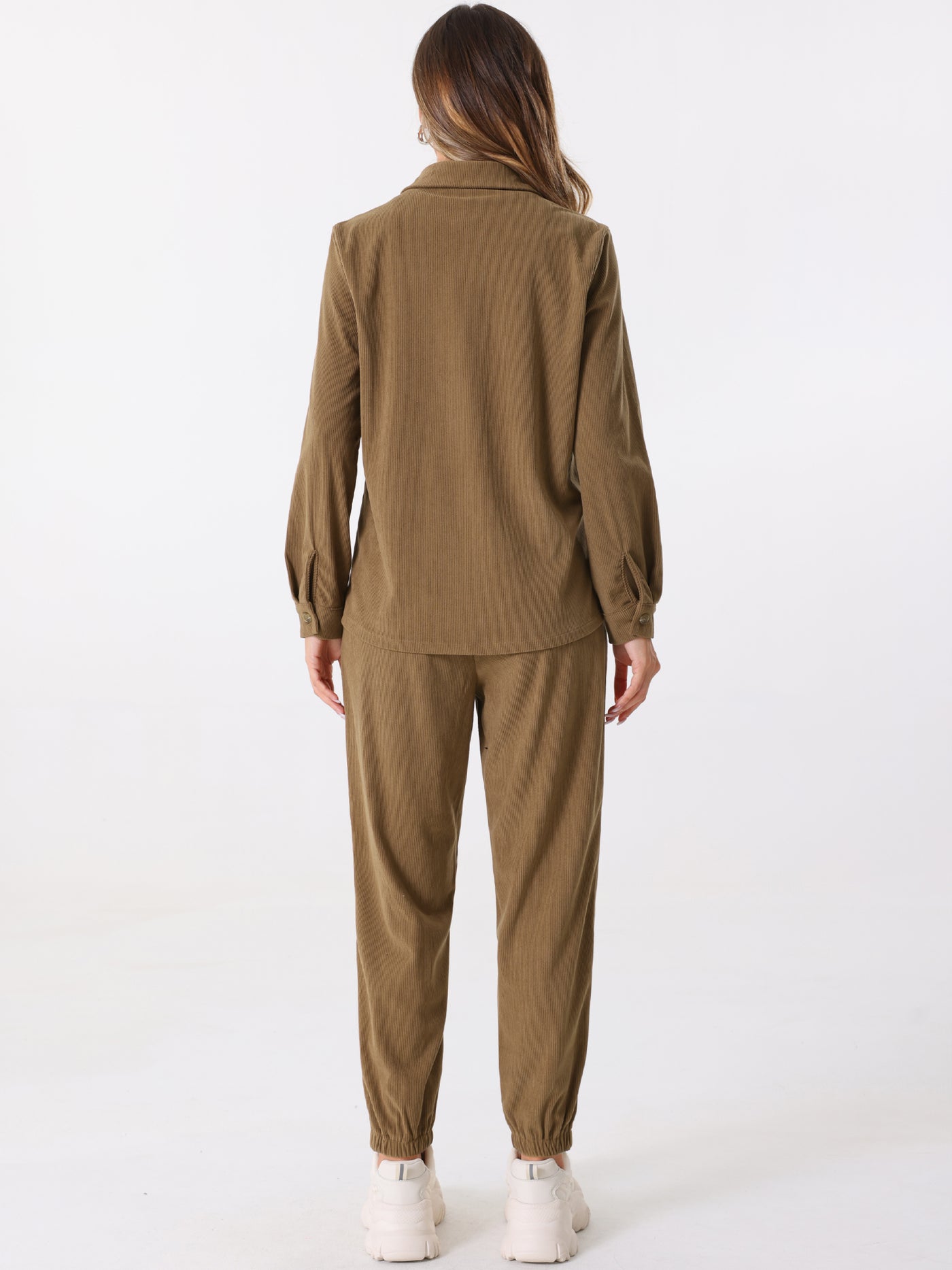 Allegra K 2 Pieces Corduroy Long Sleeve Button Down Shirt & Pocketed Jogger Pants Tracksuit Set