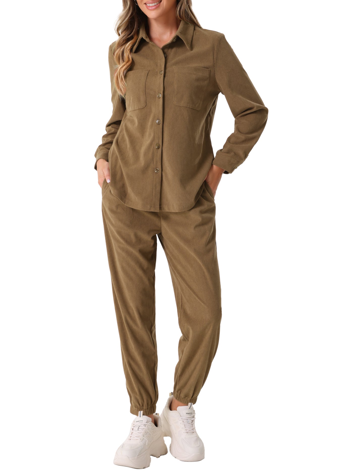 Allegra K 2 Pieces Corduroy Long Sleeve Button Down Shirt & Pocketed Jogger Pants Tracksuit Set