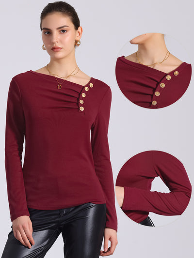 Asymmetrical Neck Button Decor Long Sleeve Ruched Casual Top