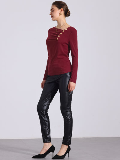 Asymmetrical Neck Button Decor Long Sleeve Ruched Casual Top