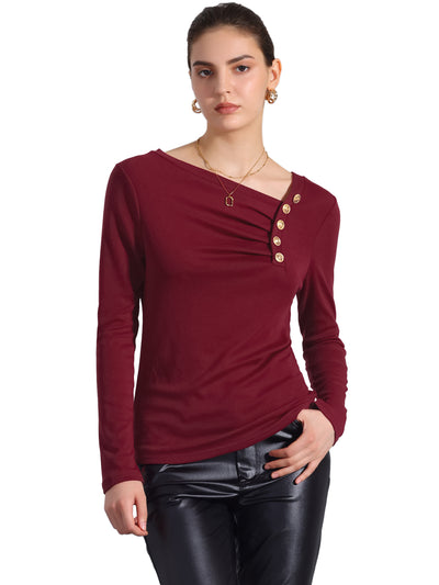 Asymmetrical Neck Button Decor Long Sleeve Ruched Casual Top