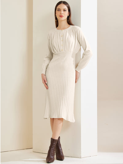 Crew Neck Pleated Lantern Sleeve Midi Ribbed Knit Sweater Dress