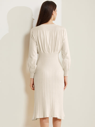 Crew Neck Pleated Lantern Sleeve Midi Ribbed Knit Sweater Dress