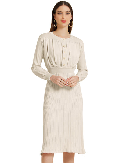 Crew Neck Pleated Lantern Sleeve Midi Ribbed Knit Sweater Dress