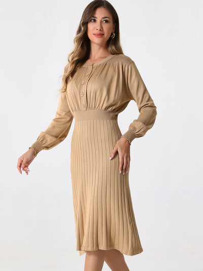 Crew Neck Pleated Lantern Sleeve Midi Ribbed Knit Sweater Dress