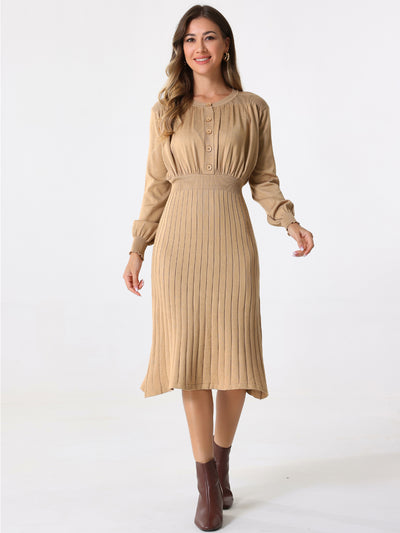 Crew Neck Pleated Lantern Sleeve Midi Ribbed Knit Sweater Dress