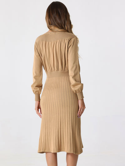 Crew Neck Pleated Lantern Sleeve Midi Ribbed Knit Sweater Dress