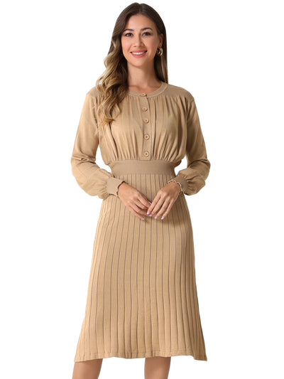 Crew Neck Pleated Lantern Sleeve Midi Ribbed Knit Sweater Dress