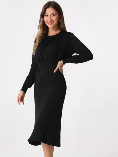 Crew Neck Pleated Lantern Sleeve Midi Ribbed Knit Sweater Dress